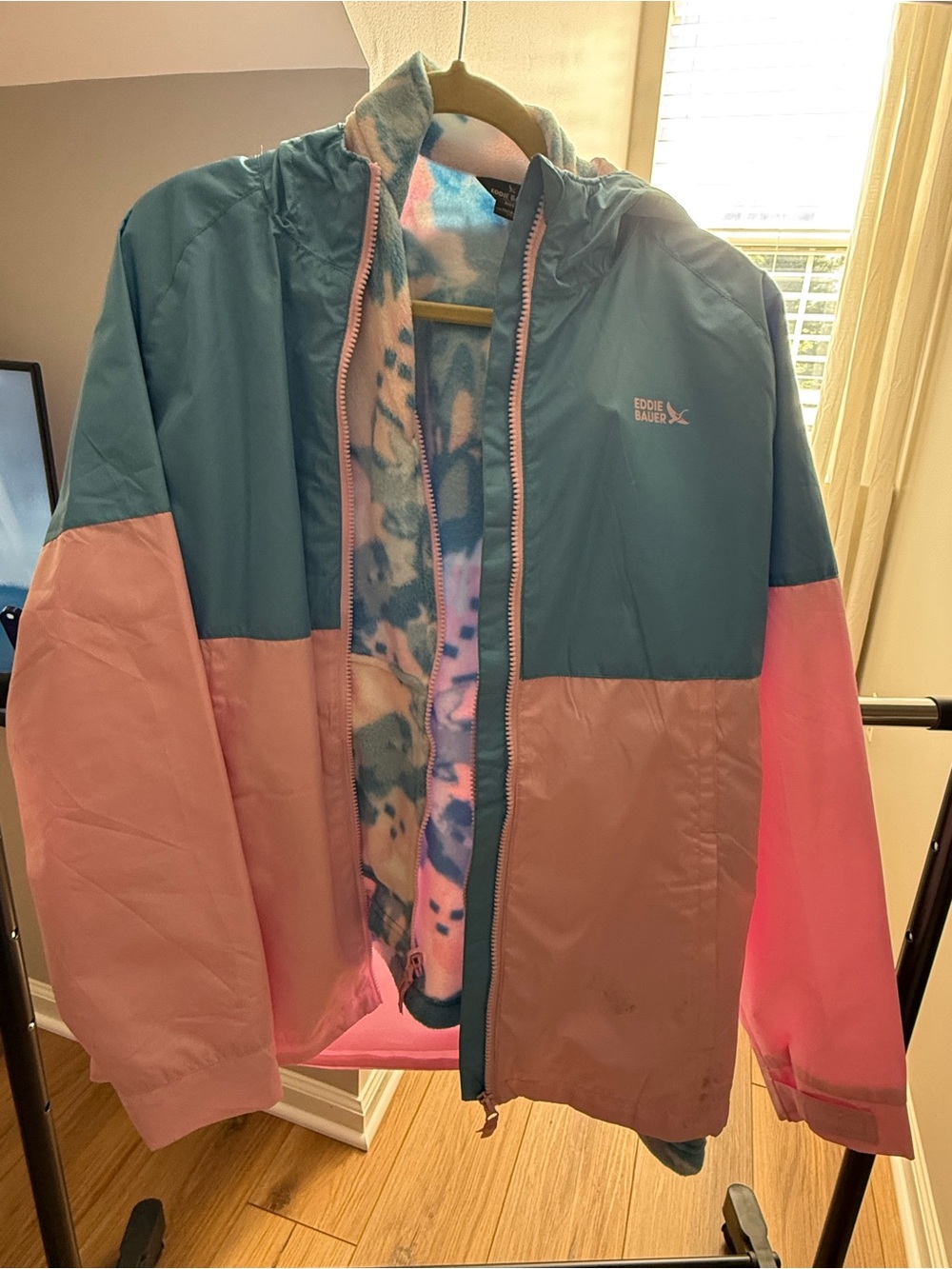Eddie Bauer Teal and Pink Colorblock Hooded Raincoat